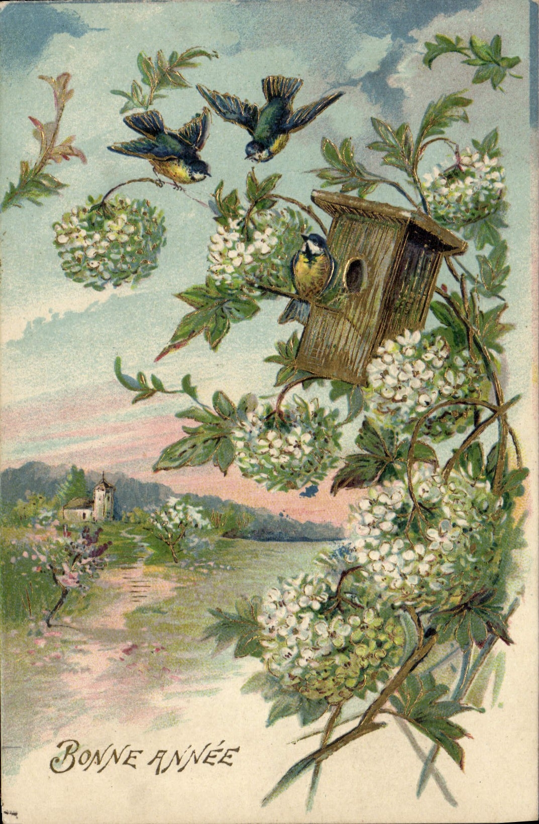 Oiseaux et nichoir — paysage avec église — éditeur non visible