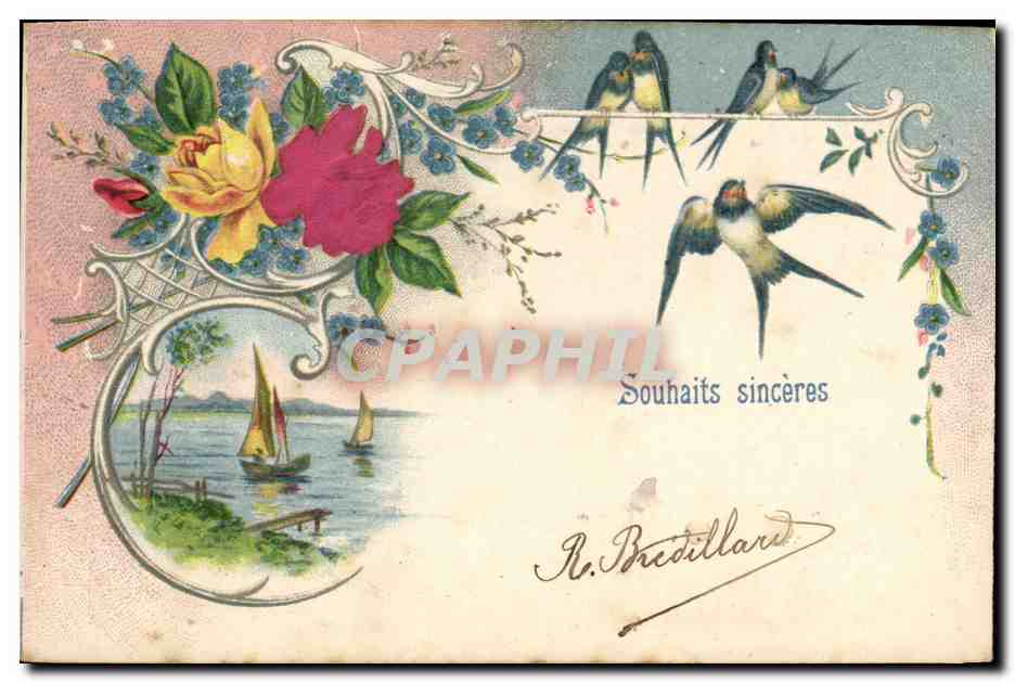 CPA Fantaisie Fleurs Hirondelles Bateau 