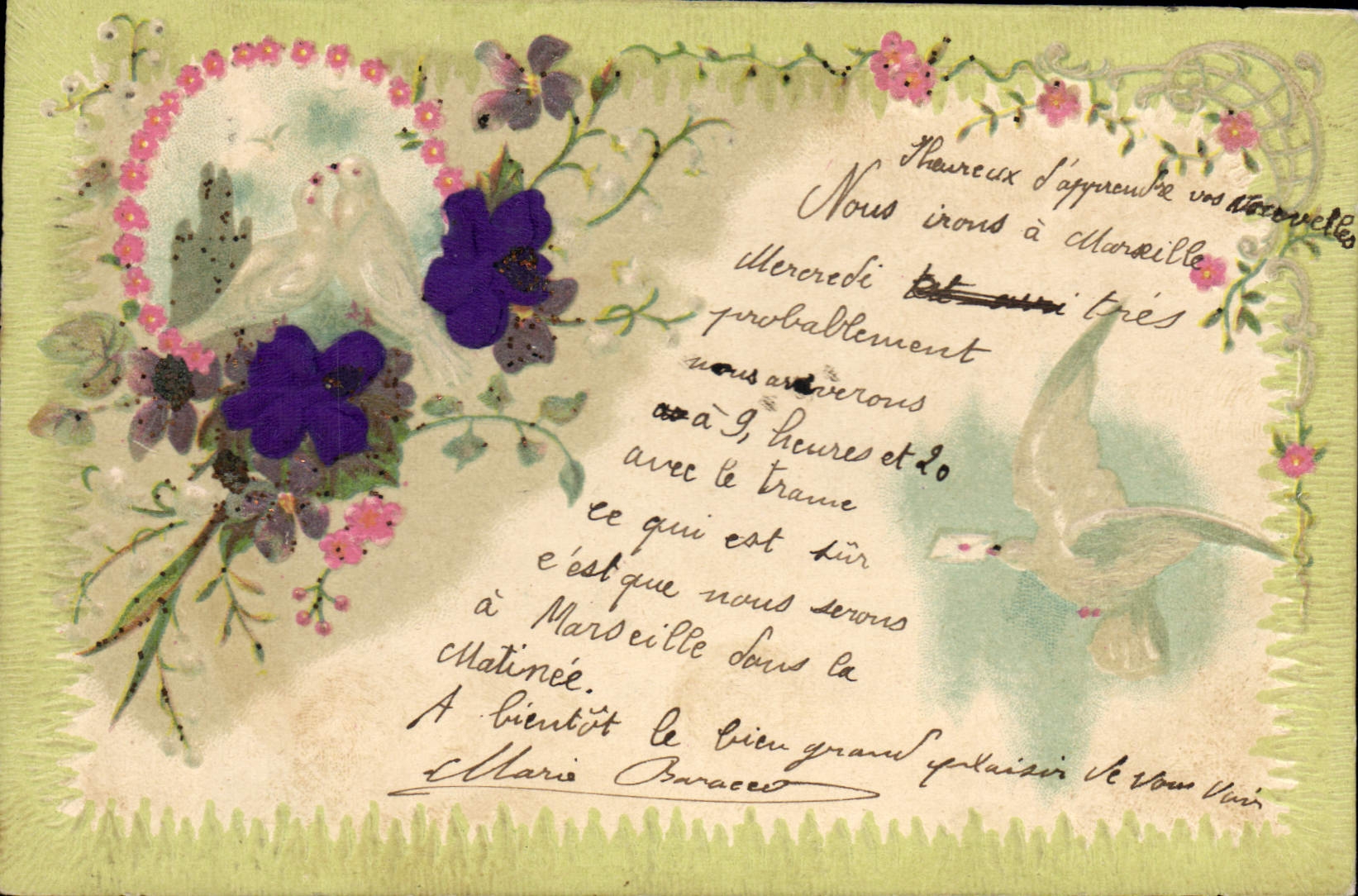 Carte postale décorative à motifs floraux et oiseaux — éditeur non identifié, n° de série non visible