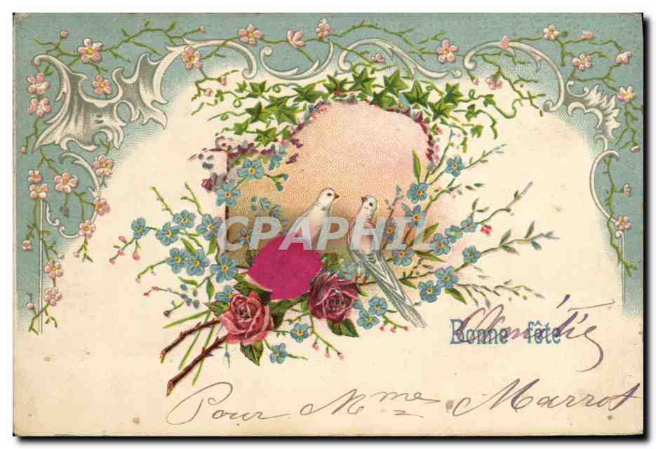 Deux oiseaux dans un cadre floral — Bonne fête — Carte postale universelle