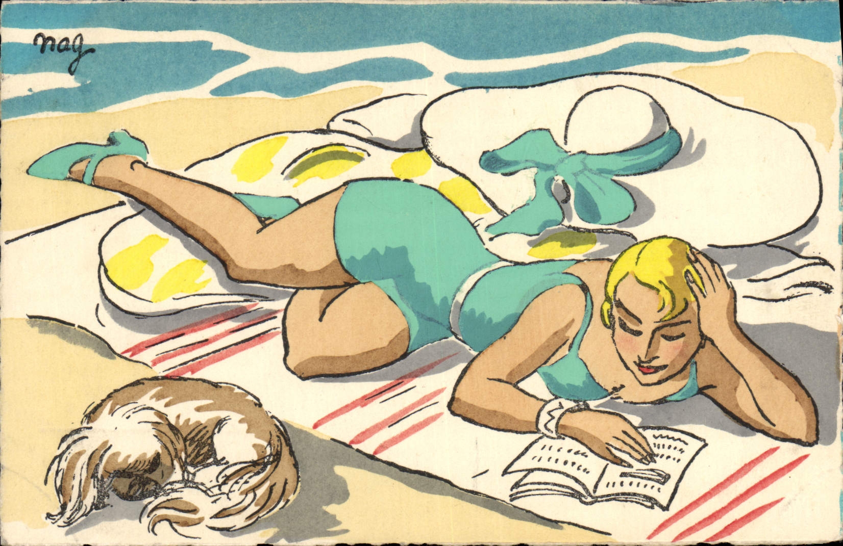 CPA Fantaisie Illustrateur Femme Plage Chien 