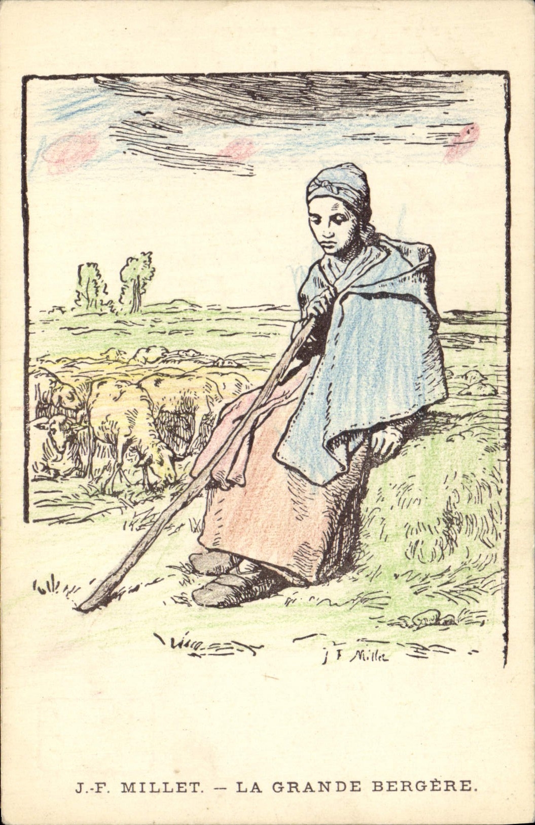 CPA Fantaisie Illustrateur JF Millet La grande bergere Moutons 