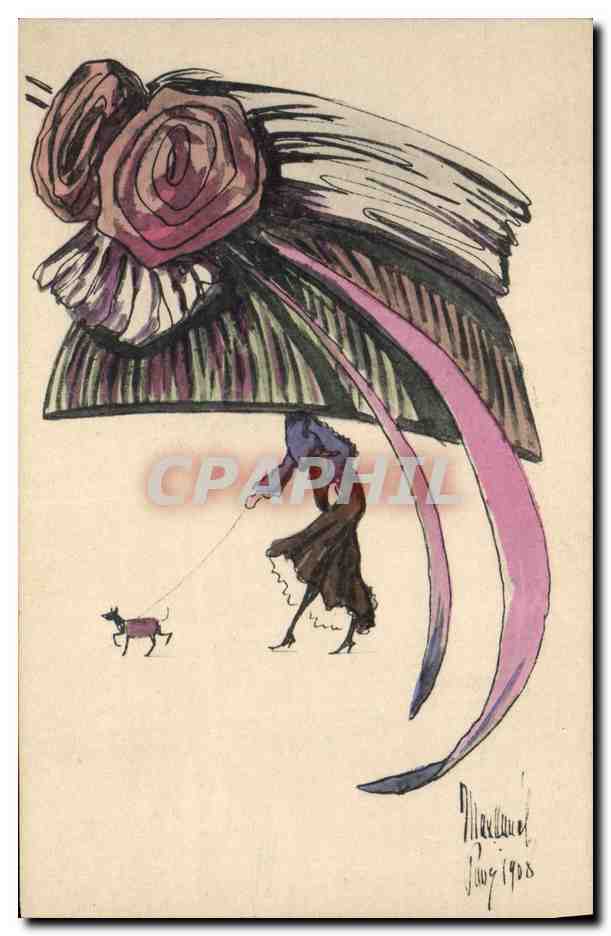 CPA Fantaisie Illustrateur Femme Chapeau Chien 