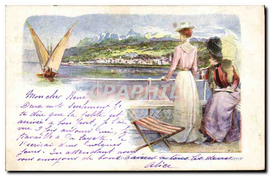 CPA Fantaisie Illustrateur Evian les Bains Bateau 