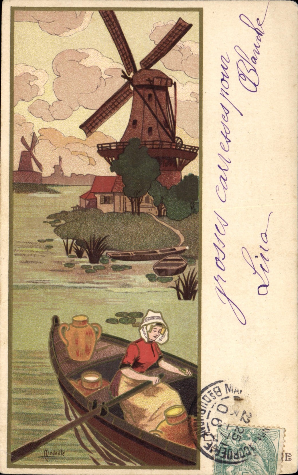 CPA Fantaisie Illustrateur Femme Barque Moulin a vent 
