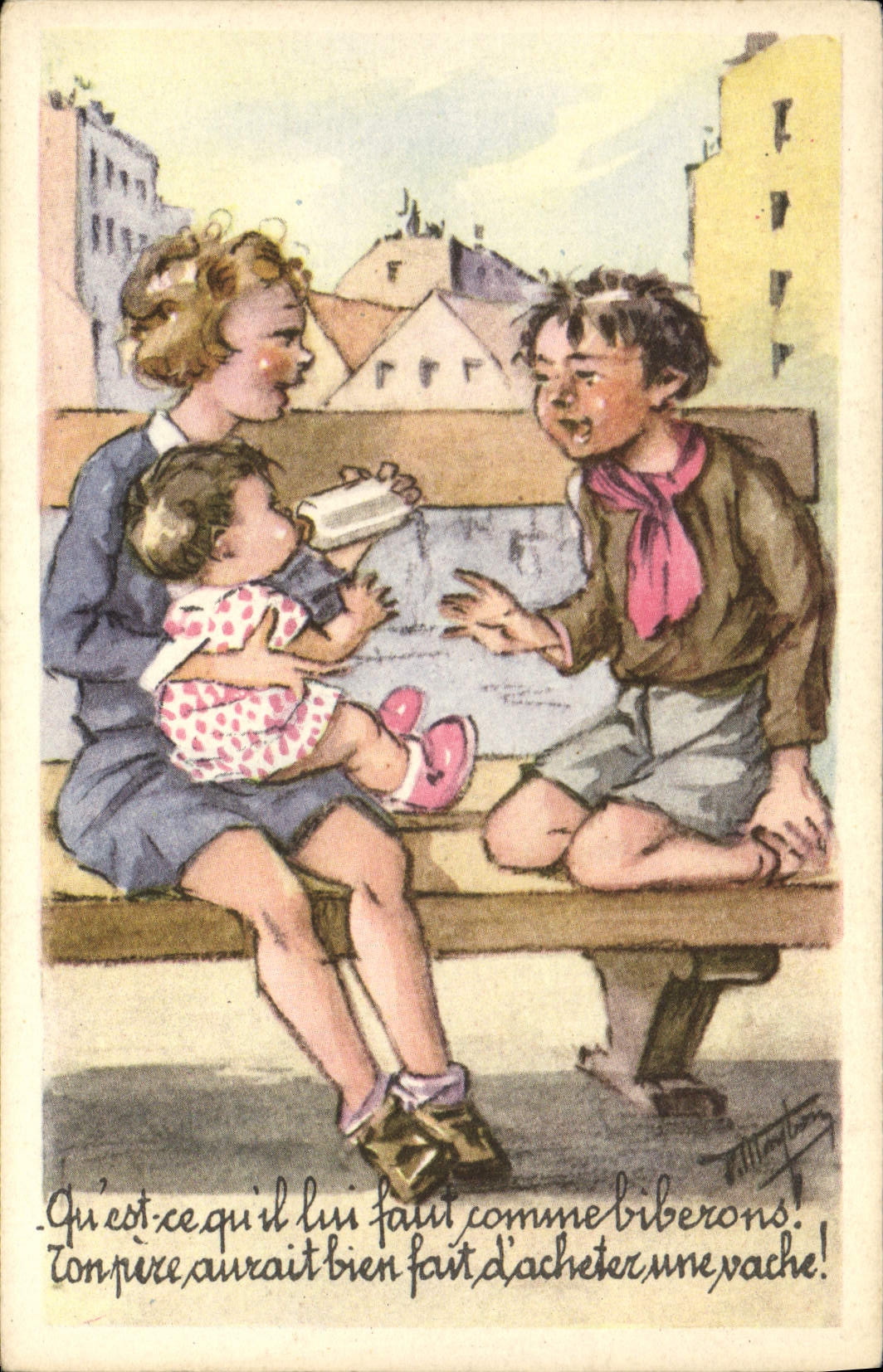 CPA Fantaisie Illustrateur Femme Enfant Biberon 