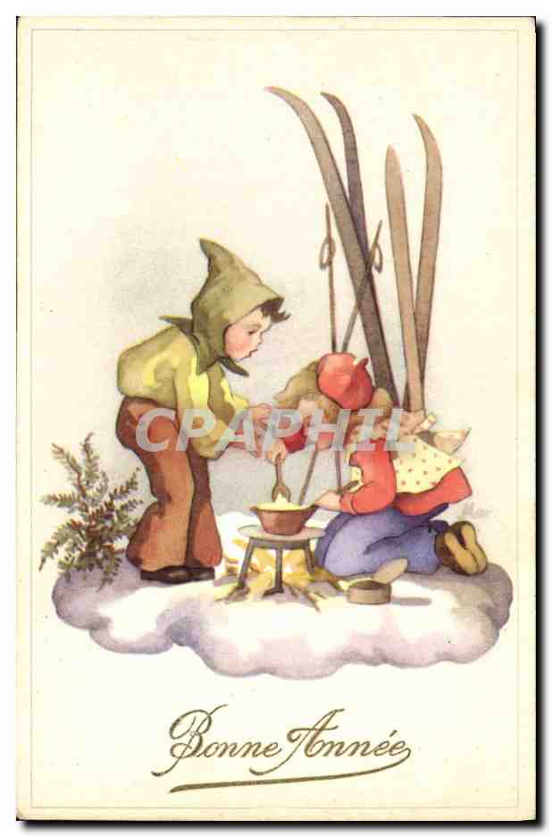 CPA Fantaisie Illustrateur Enfants ski 