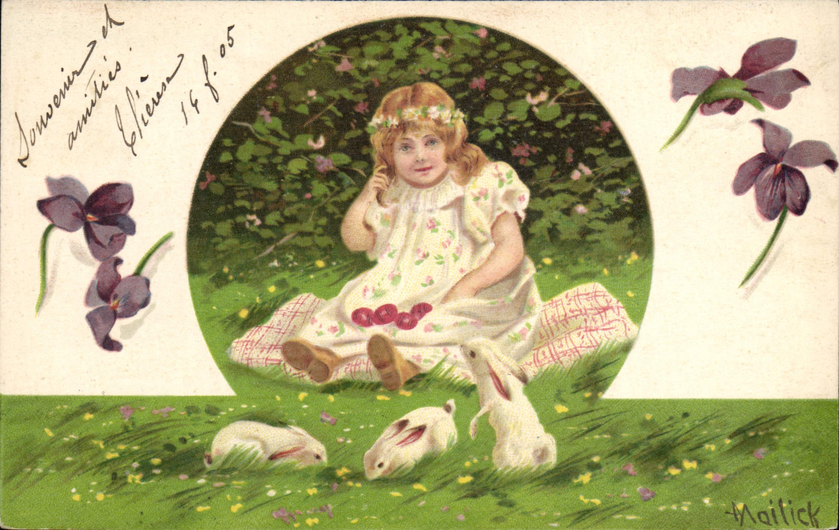CPA Fantaisie Illustrateur Enfant Fleurs Lapins 