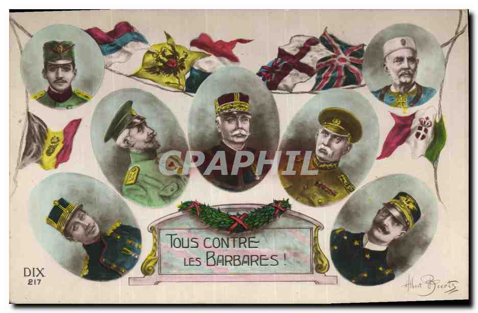 CPA Militaria Tous contre les barbares Russie Russia Serbie 