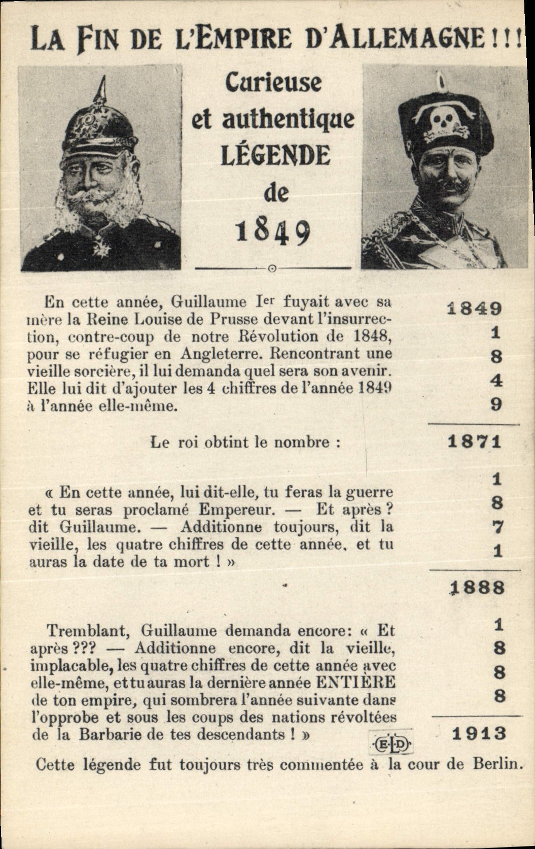 La Fin de l'Empire d'Allemagne !!! — Curieuse et authentique légende de 1849 — Éditeur E.P.D.