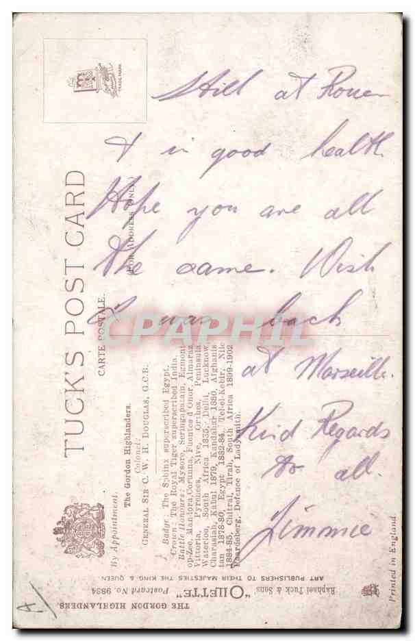 CPA Militaria The Gordon Highlanders Sergeant Bandsman and drummer  — Rückseite