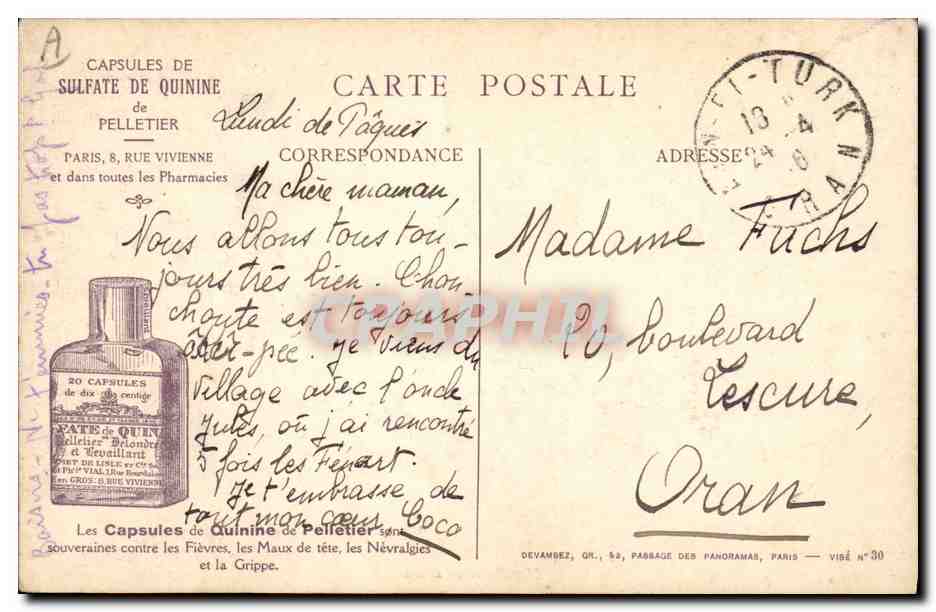 CPA Militaria Mitrailleuse en action Publicite Sulfate de Quinine Pelletier Paris Rue de Vivienne  — Rückseite