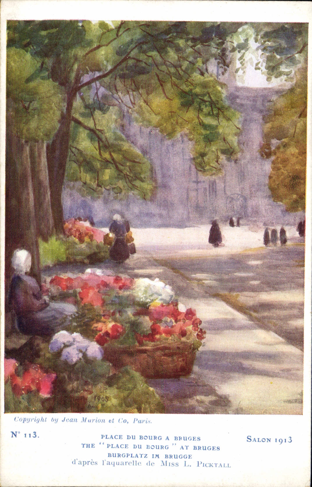Place du Bourg à Bruges — vue d'après aquarelle de Miss L. Picktall — Salon 1913, éditeur Jean Marion et Co, n° 113