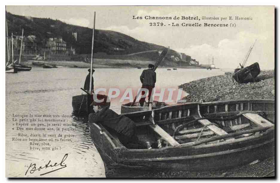 CPA Folklore Botrel Les chansons de Botrel illustrees La cruelle berceuse Barque Bateau 