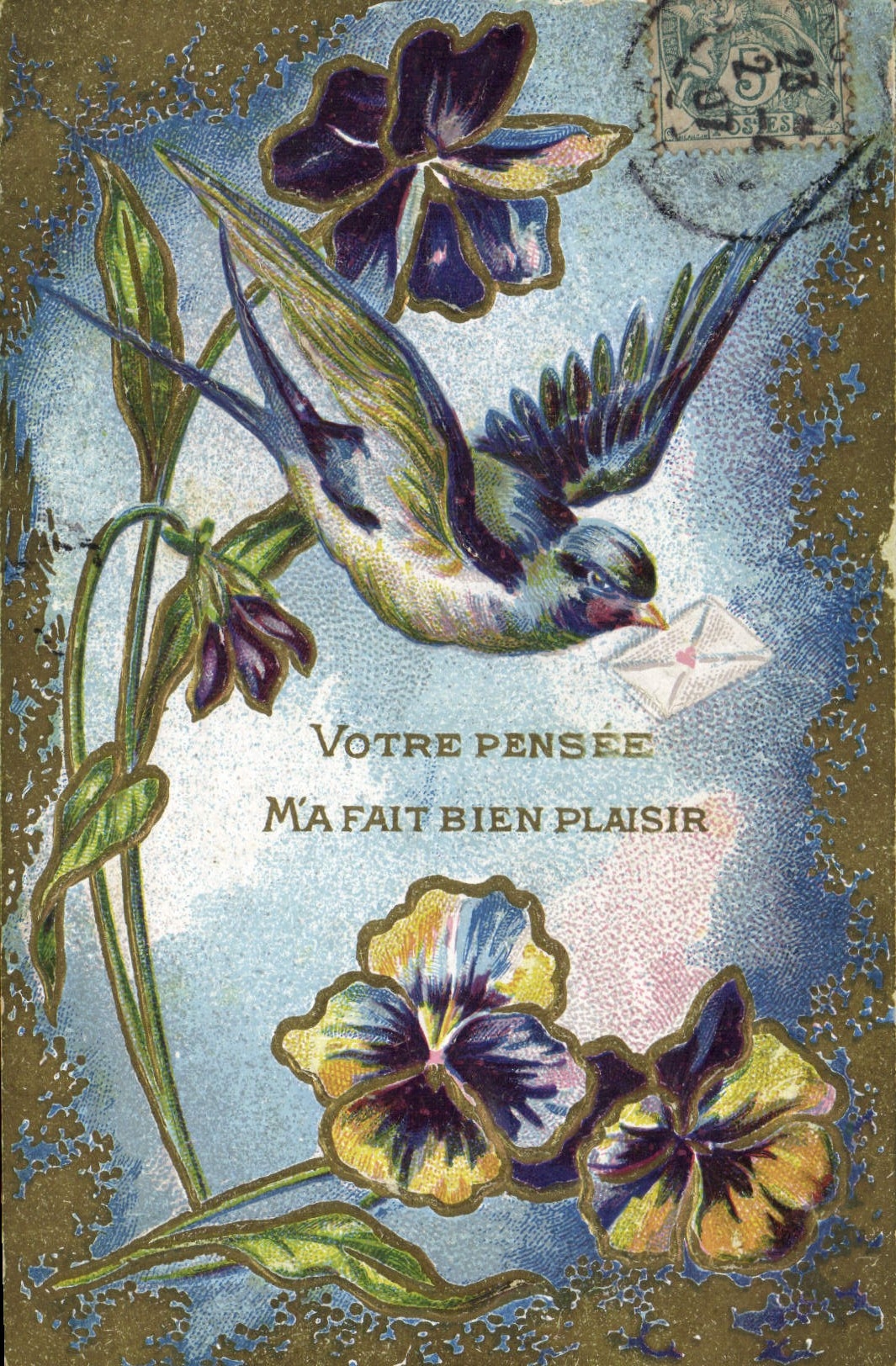 Oiseau portant une lettre — Pansées — Éditeur inconnu, n° de série non visible
