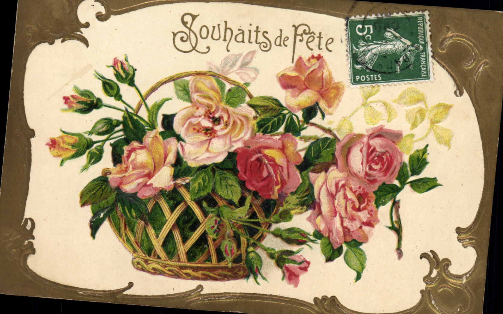 Bouquet de roses dans un panier — Souhaits de Pête — K. F. Éditeurs, Paris, Série 1.792