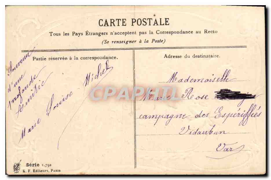 Bouquet de roses dans un panier — Souhaits de Pête — K. F. Éditeurs, Paris, Série 1.792 — Rückseite