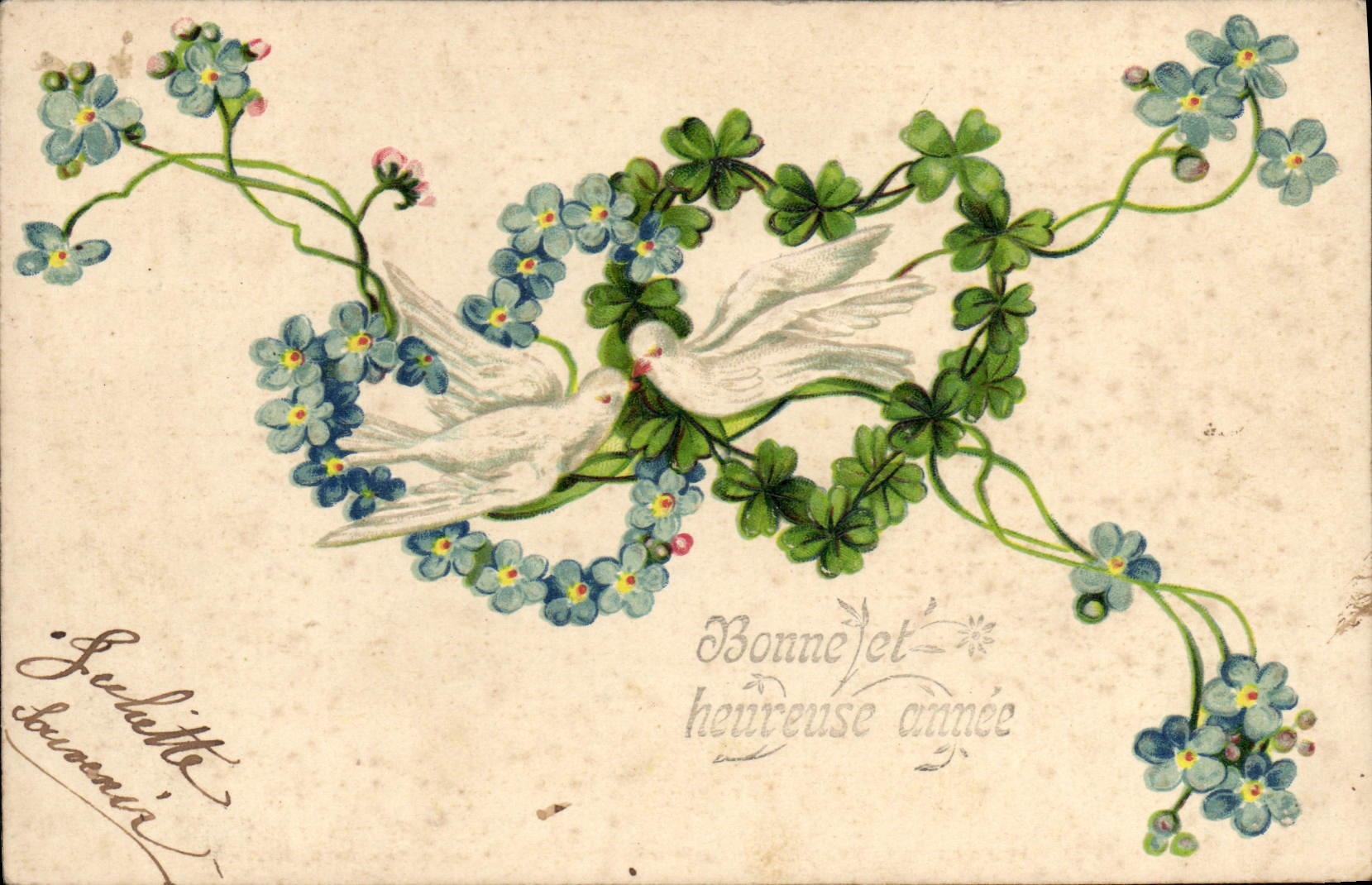 CPA Fantaisie Fleurs Colombes Coeurs 