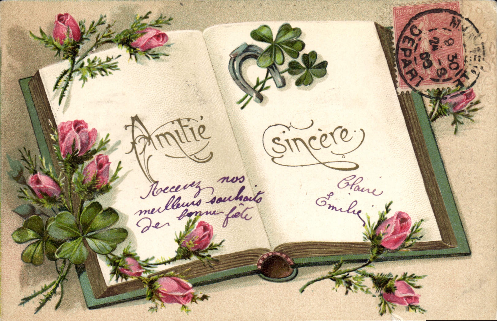 Livre ouvert orné de roses et de trèfles — Amitié Sincère — Éditeur non visible