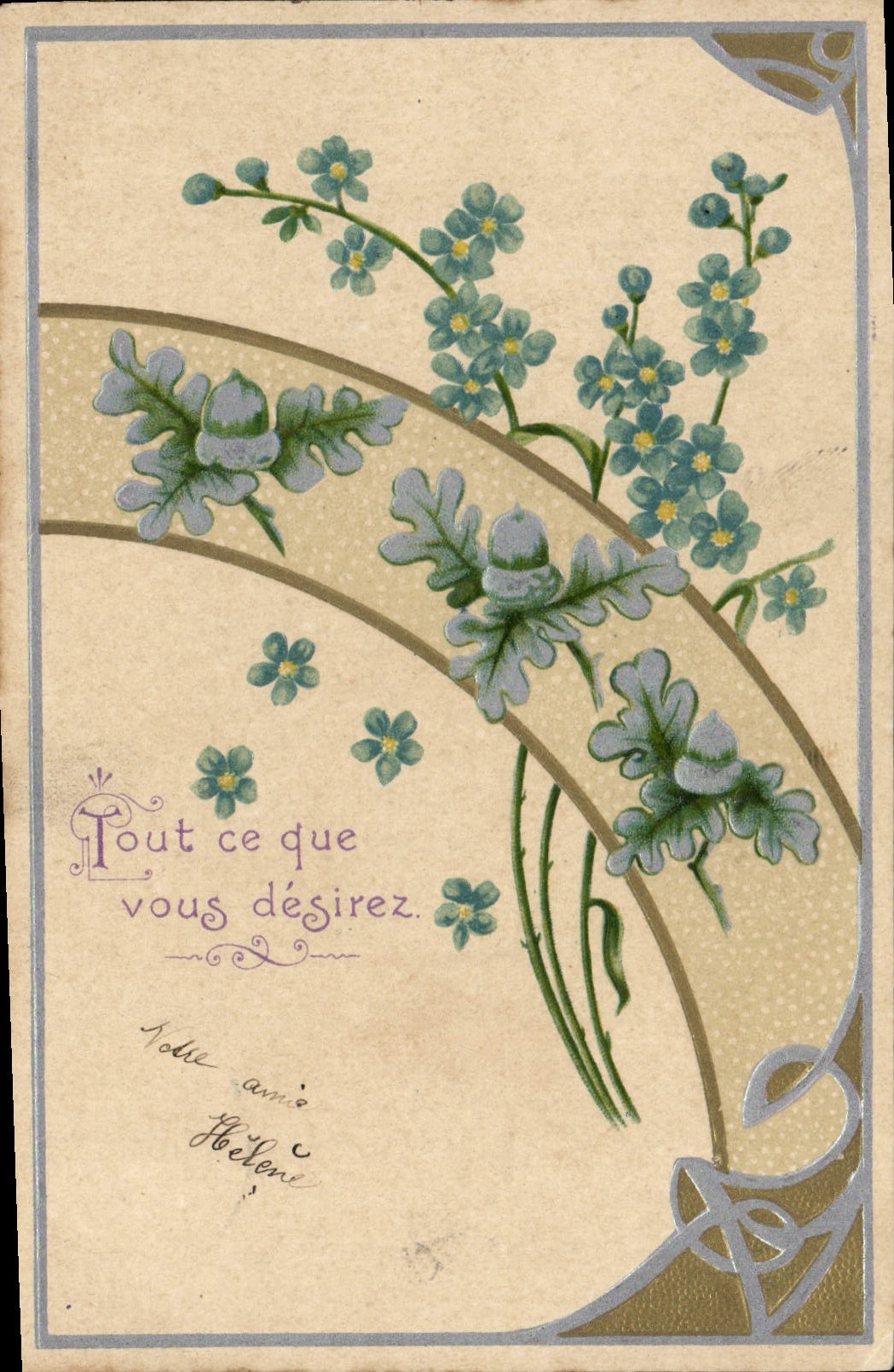 Carte postale décorative — fleurs bleues et texte — éditeur PARAVEL TON, n° 205