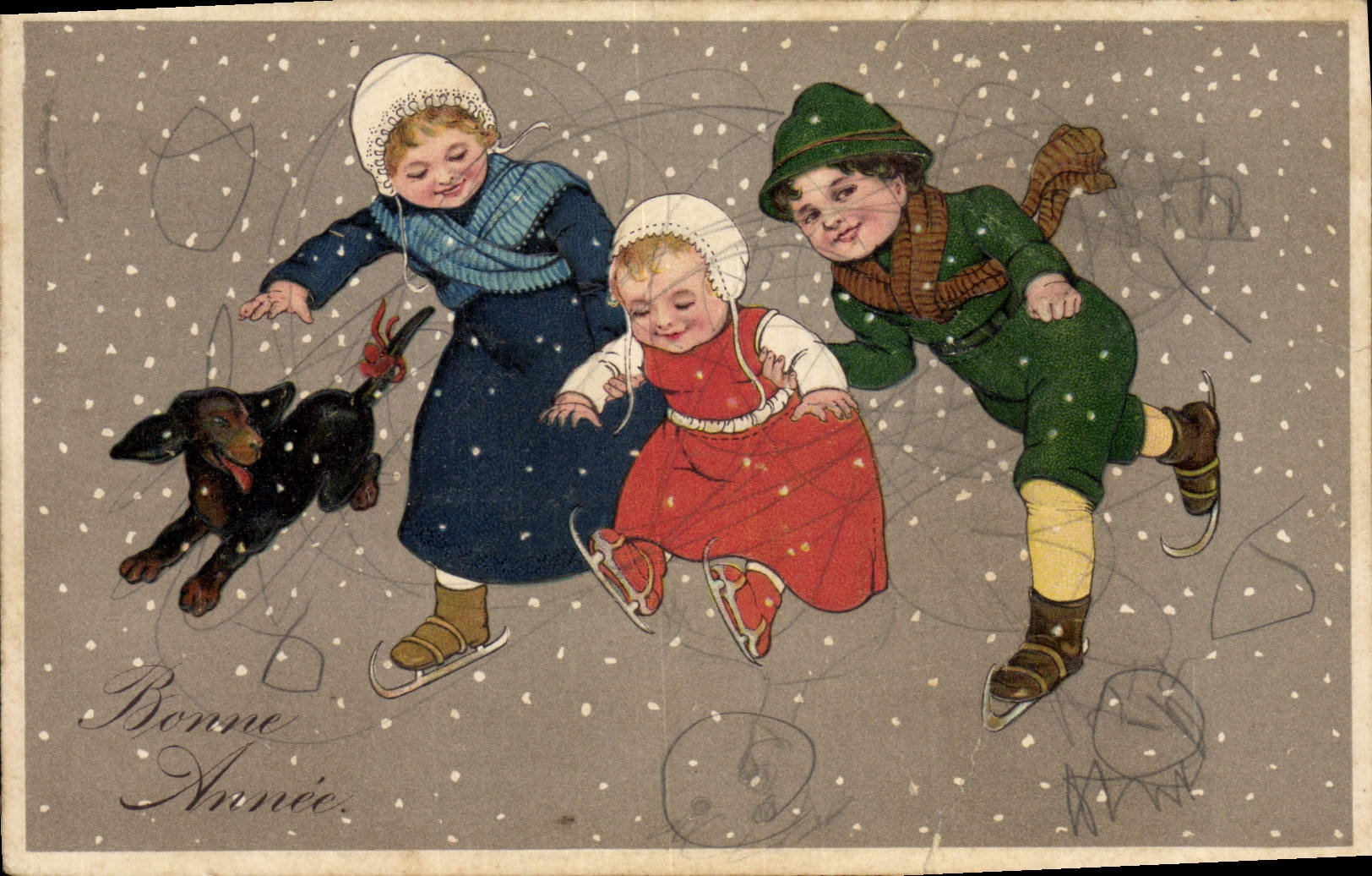 CPA Fantaisie Enfants Patins a glace Chien