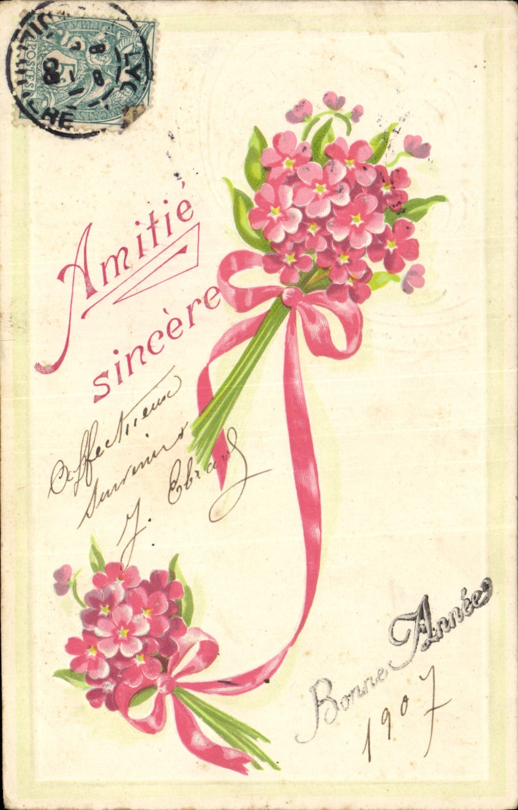 Bouquet de fleurs roses — Bonne Année 1907 — éditeur non visible