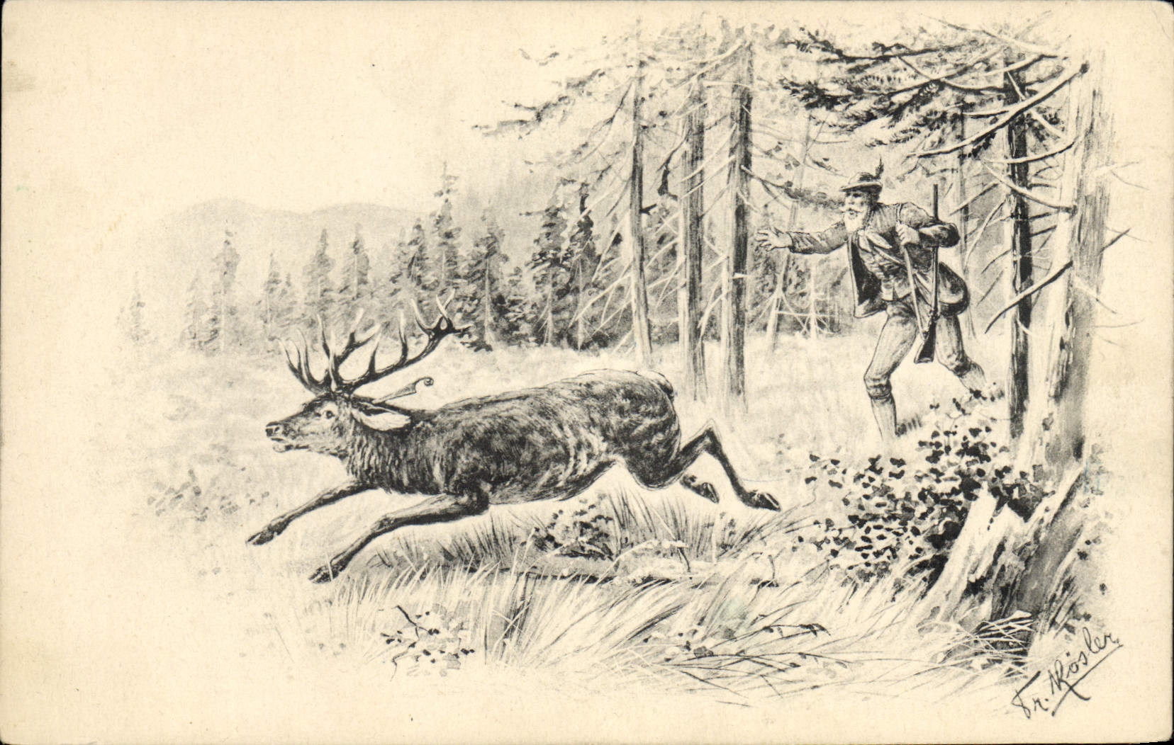 Chasseur et cerf dans la forêt — dessin de Fr. Rösler — éditeur E. S. W. - Anverso