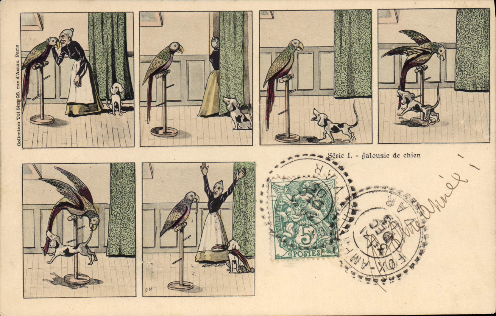 CPA Fantaisie Illustrateur Jalousie de chien Perroquet 