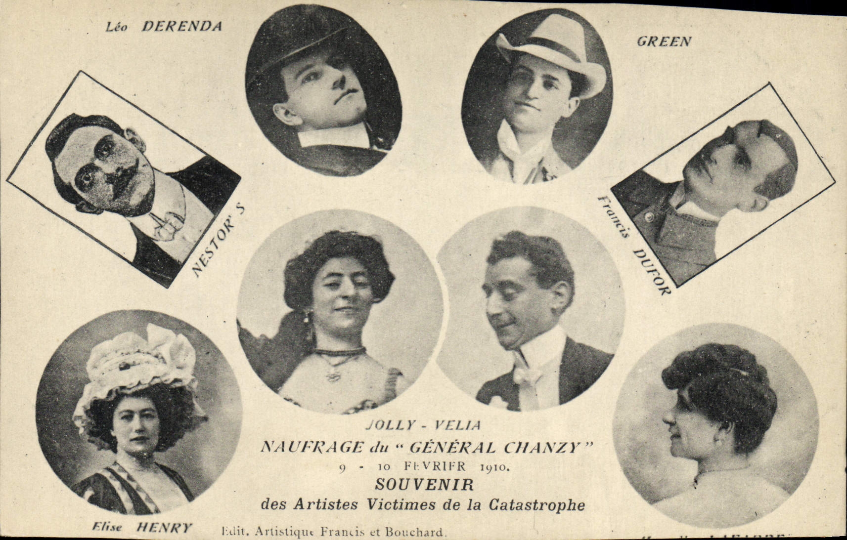 Nauffrage du "Général Chanzy" — Souvenir des Artistes Victimes de la Catastrophe — Édit. Artistique Francis et Bouchard