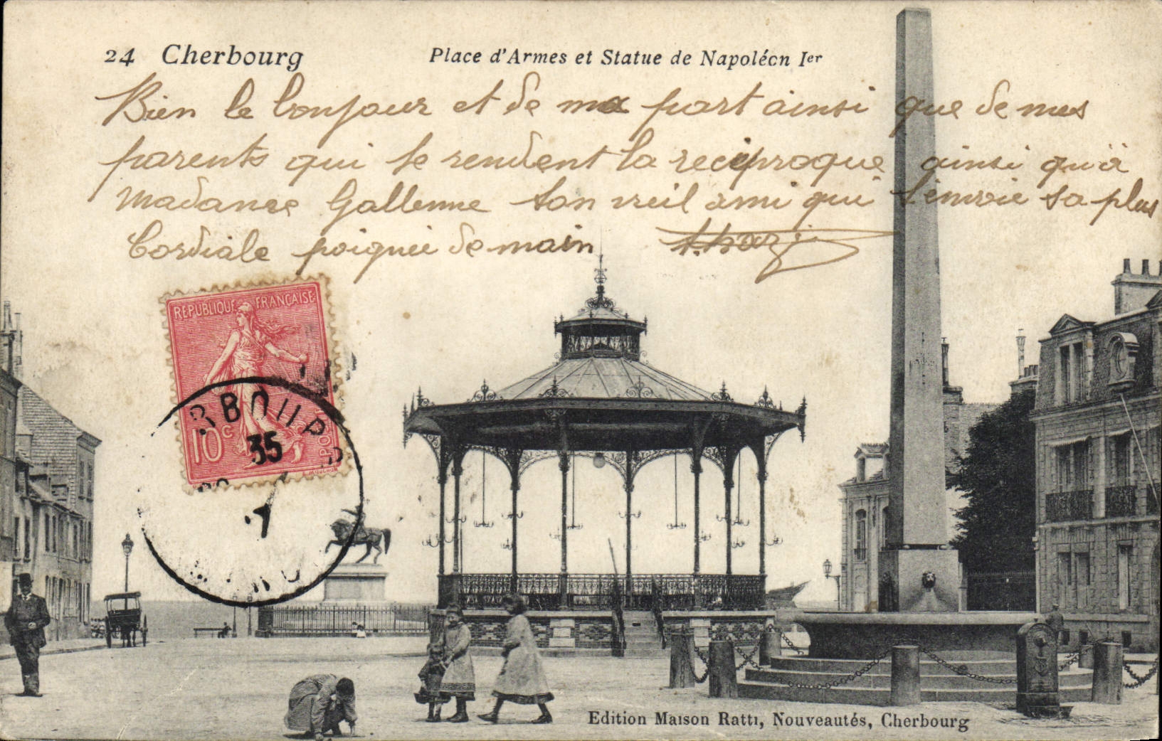 CPA Kiosque Cherbourg Place d'armes et statue de Napoleon 1er 