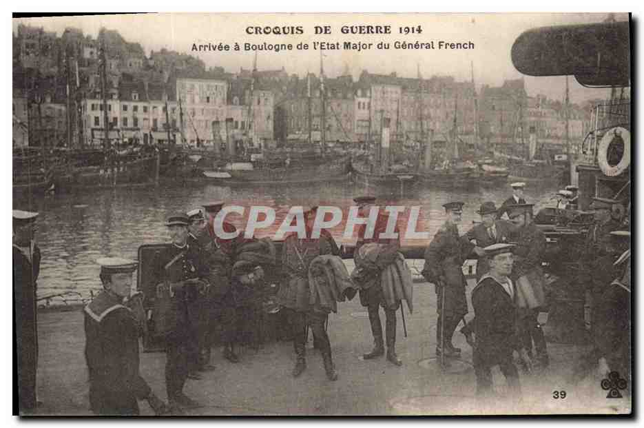 Arrivée à Boulogne de l'État-Major du Général French — Croquis de Guerre 1914 — Éditeur Ch. Collins & Cie, n°39