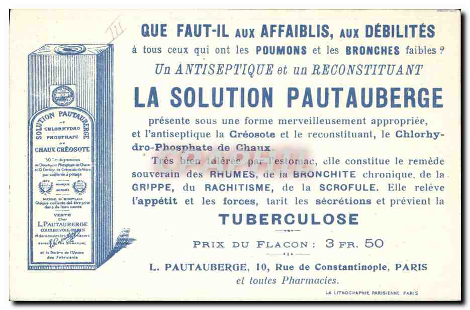 CPA Militaria Lord Kitchener Ministre de la guerre de la Grande Bretagne Publicite Solution Pautauberge Tuberculose  — Verso
