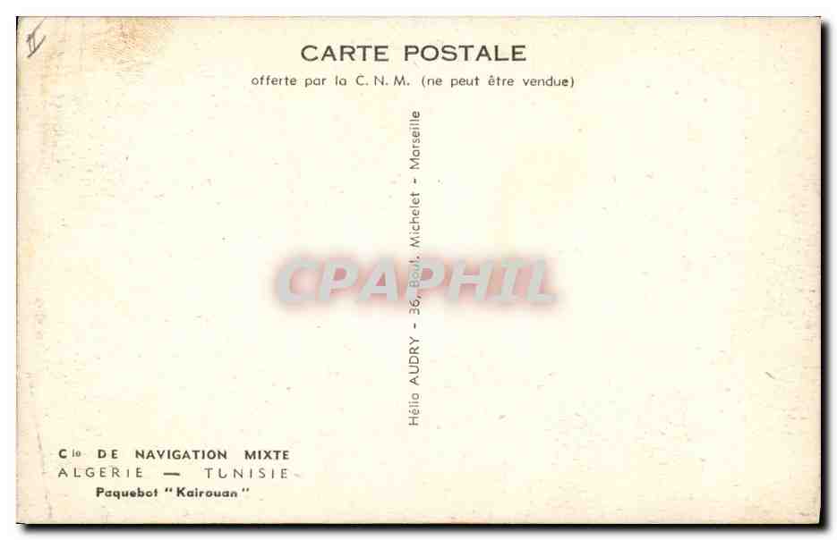 CPA Bateau Paquebot Kairouan Cie de Navigation Mixete Algerie Tunisie — Verso