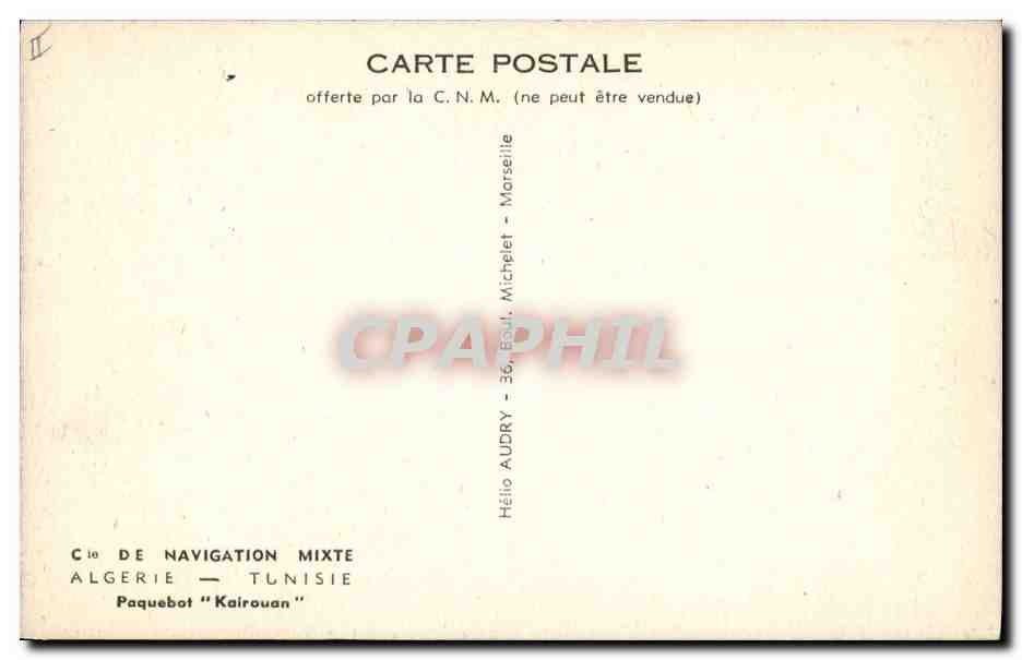 Paquebot "Kairouan" — Algérie - Tunisie — Cie de Navigation Mixte — Verso