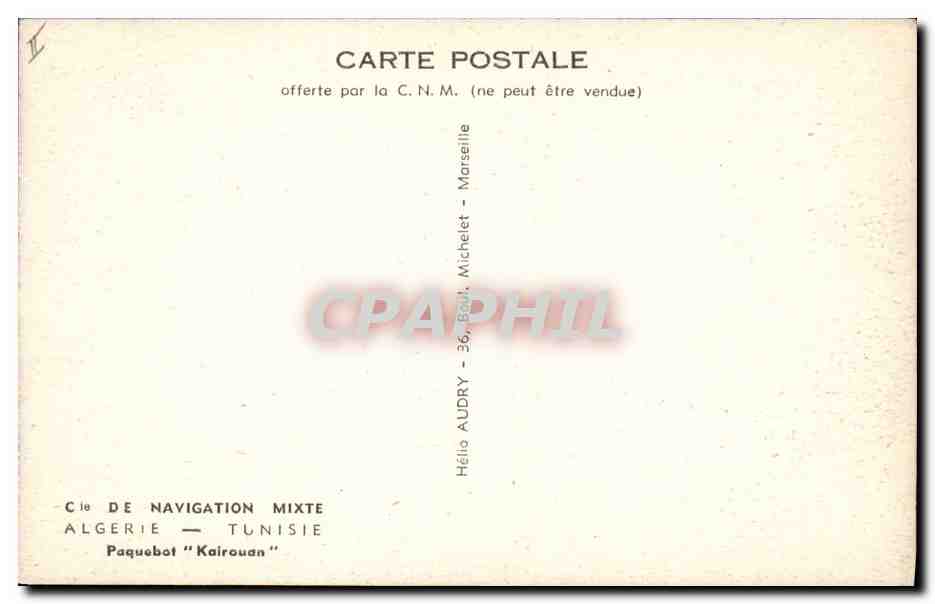 CPA Bateau Paquebot Kairouan Cie de Navigation Mixete Algerie Tunisie — Verso