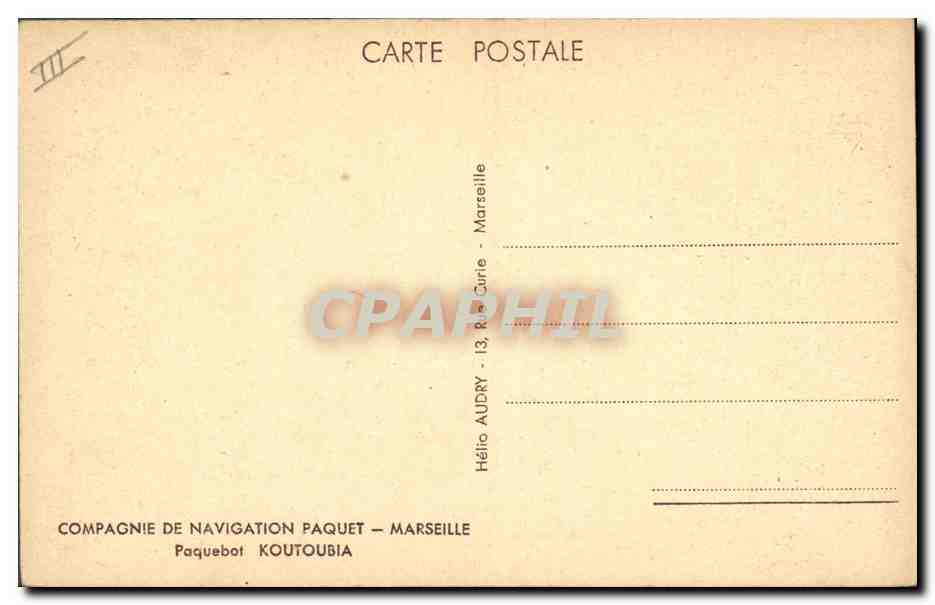 Paquebot Koutoubia — Compagnie de Navigation Paquet — Marseille — Verso