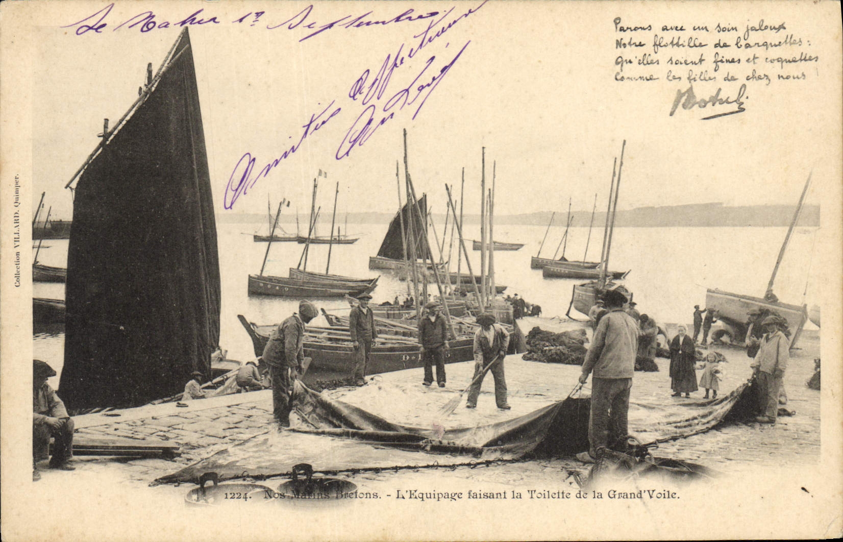 CPA Folklore Botrel Nos marins Bretons L'equipage faisant la toilette de la Grand Voile Bateaux