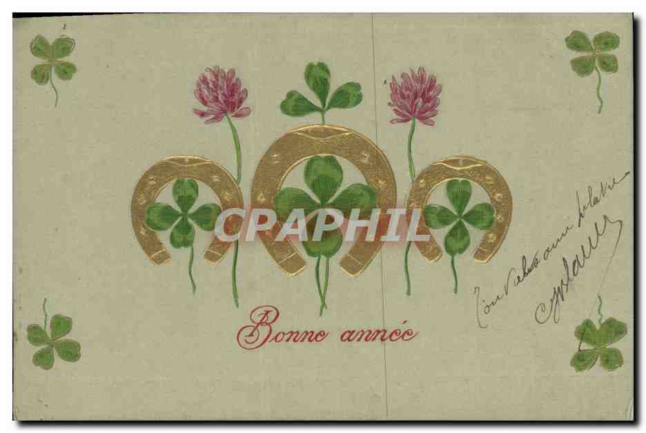 CPA Fantaisie Fleurs Trefles Fer a cheval