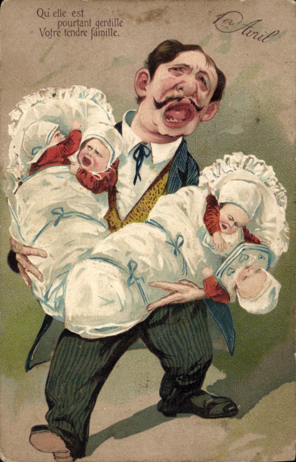Homme portant trois bébés — 1er Avril — K. F. Edicions, Paris, Série 587