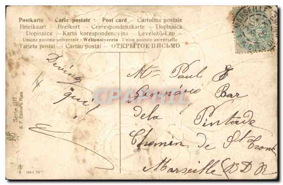 Homme portant trois bébés — 1er Avril — K. F. Edicions, Paris, Série 587 — Verso