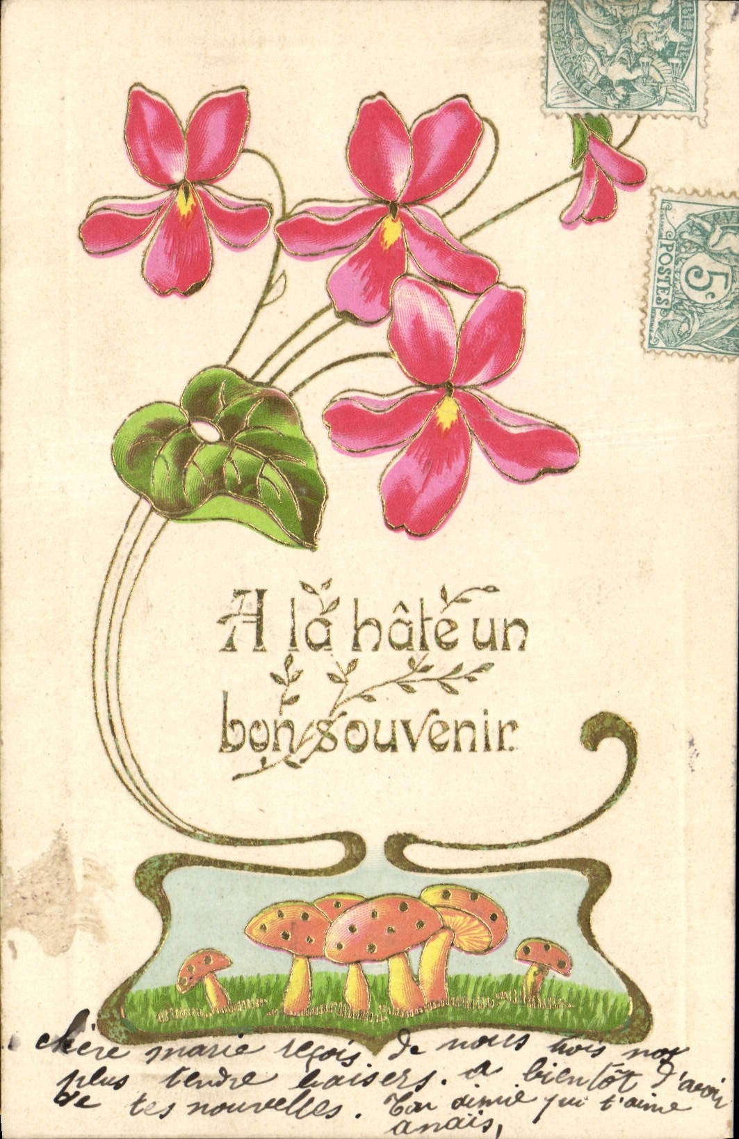 Violettes et champignons — A la hâte un bon souvenir — Noillan, 5 juin 1908