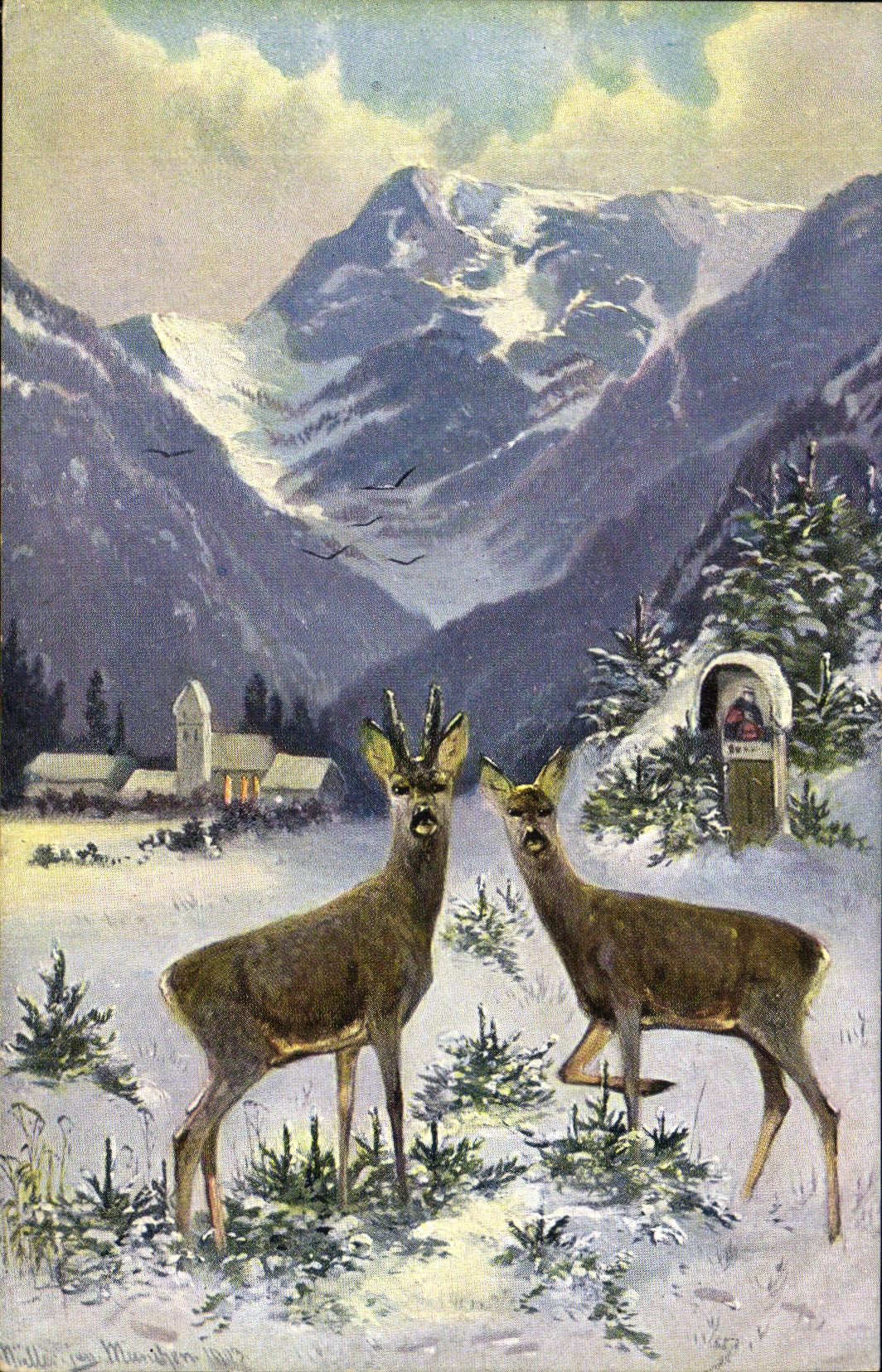 Deux chevreuils dans un paysage hivernal alpin — illustration de Müller (ou Münch) — Série 1879
