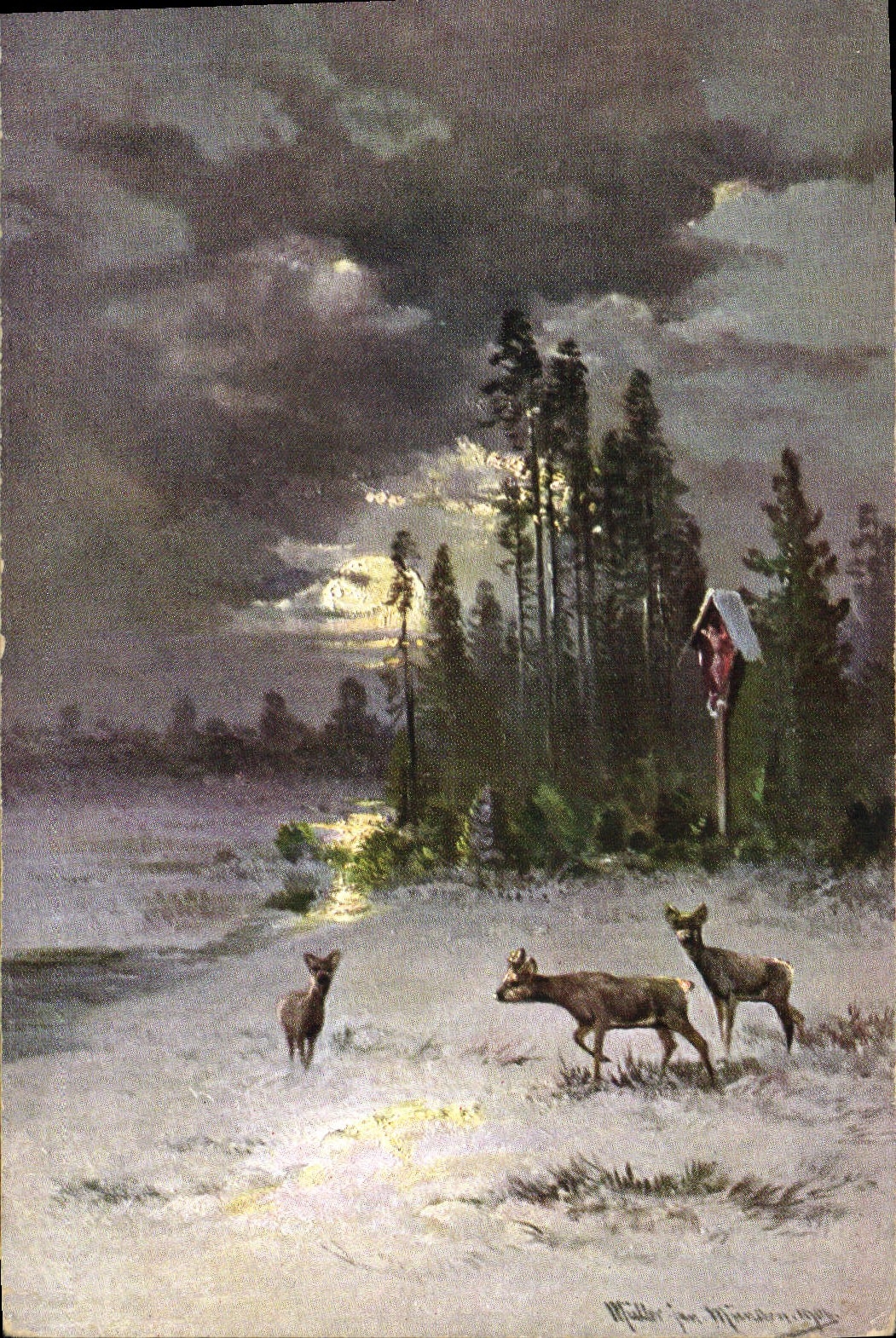 Trois cerfs dans la neige — nuit étoilée — Müller im Münchner Stil, série 419