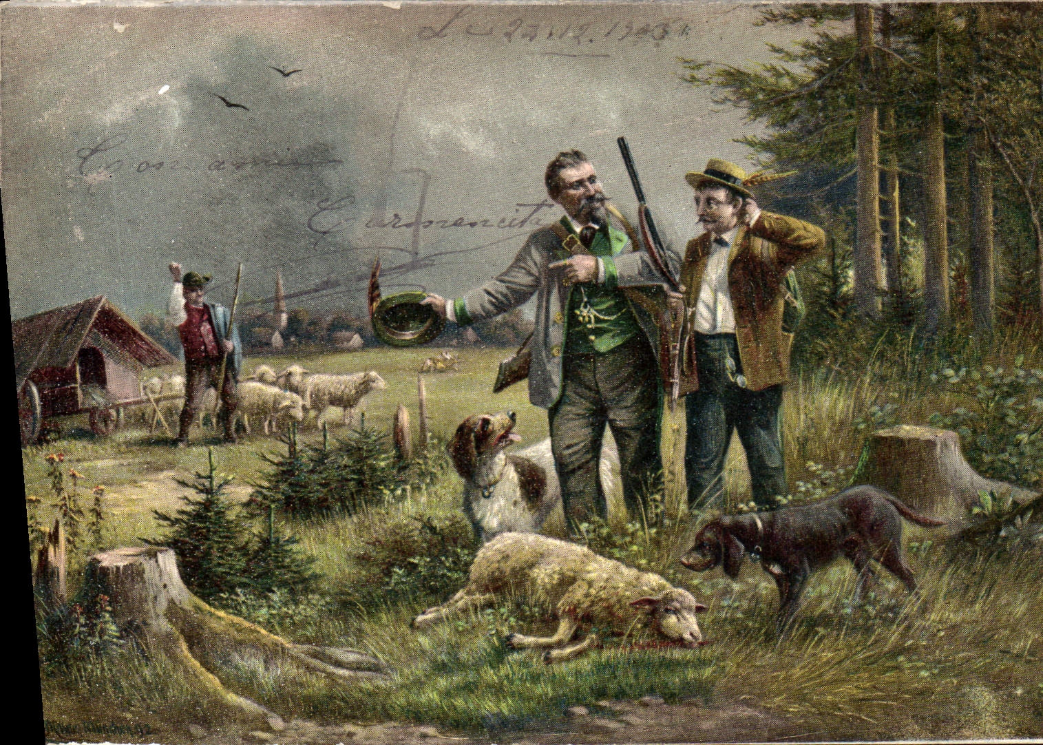 Chasseurs et bergers en forêt — scène de chasse avec moutons — éditeur non visible