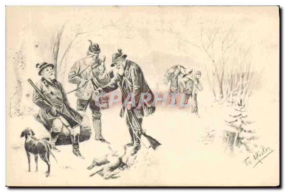 Chasseurs en hiver — scène de chasse — dessin de Fra Misler