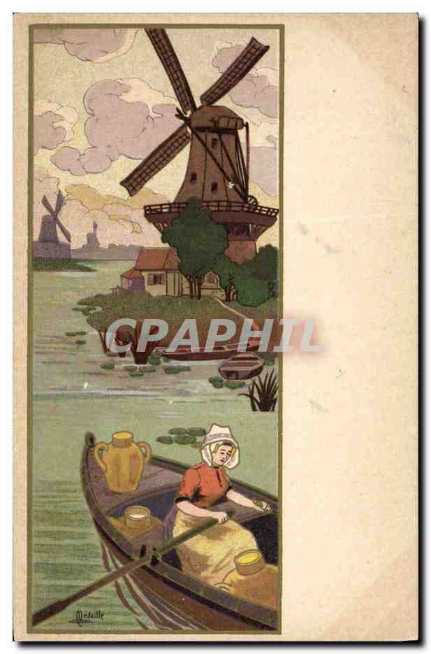 Femme en barque devant un moulin à vent — illustration de Meville — éditeur non visible