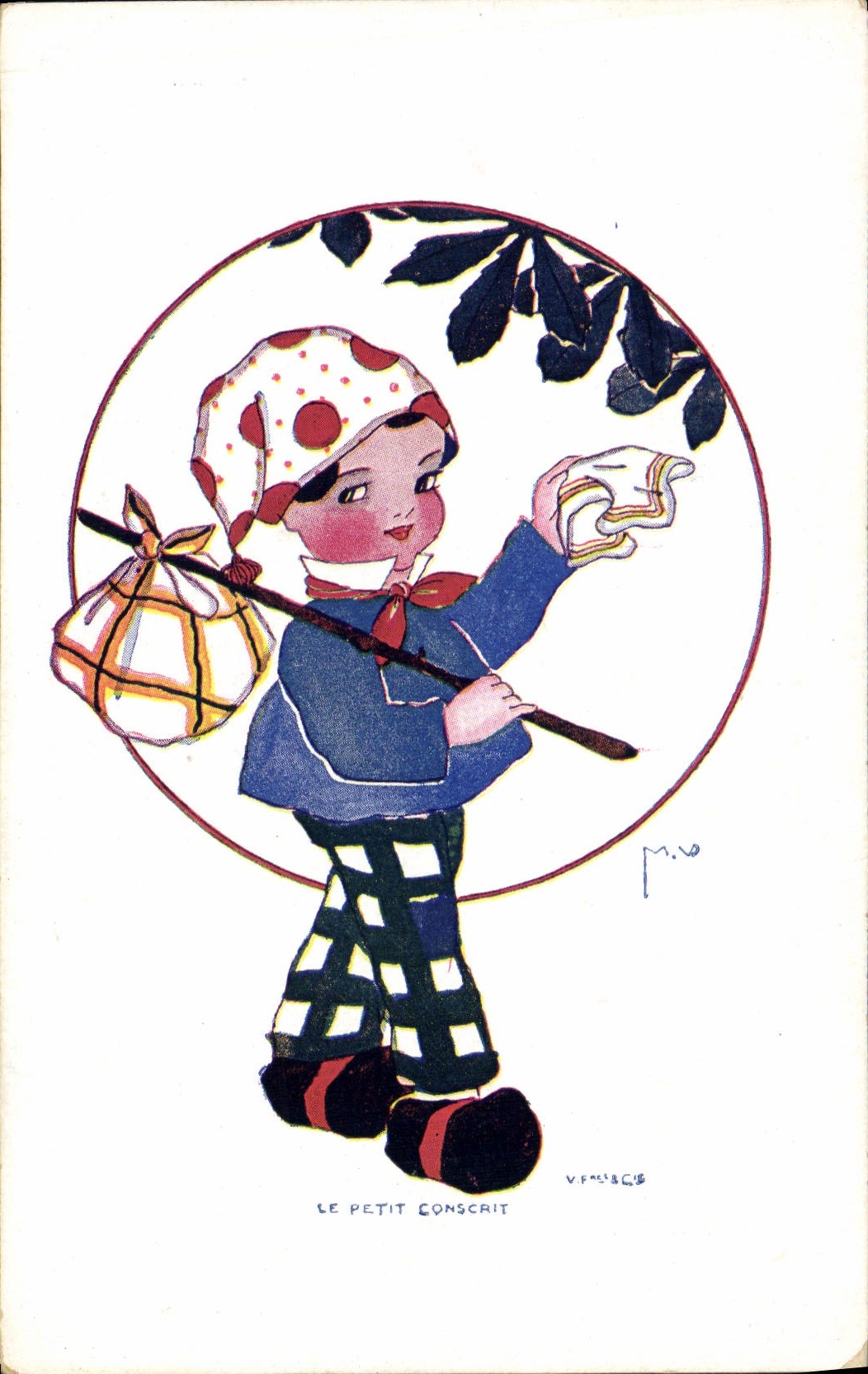 Le Petit Conscriit — illustration d'un enfant avec sac et bâton — éditeur V. F. M. & Cie, n° 128