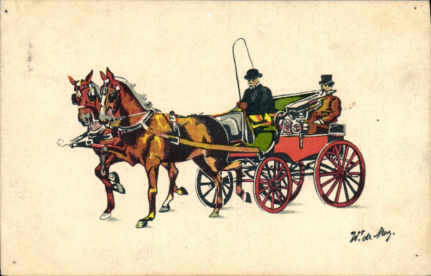 CPA Fantaisie Illustrateur Caleche Chevaux Cheval