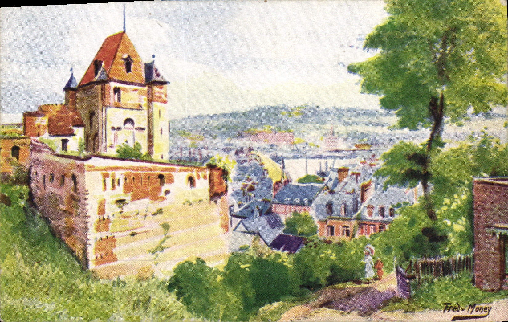 CPA Fantaisie Illustrateur Fred Money Dieppe La tour St Remy et la ville
