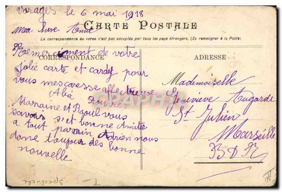 Renée Rito — Diseuse — Carte postale datée 6 mai 1918 — Verso
